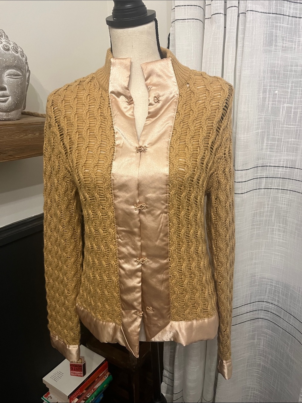 Gold Knit Cardigan with Satin Trim